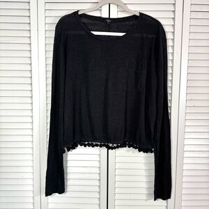 Rails Lara Black Pom Pom Trim Linen Blend Long Sleeve Top Slouchy Size Large